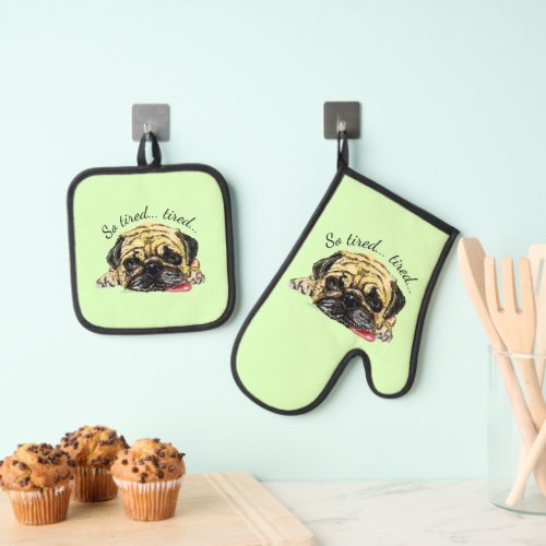 Funny Pug Dog with Custom Text and Colors Oven Mitt  Pot Holder Set