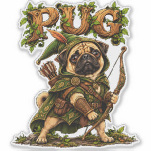 Funny Pug Dog Wood Elf Warrior Fantasy Sticker
