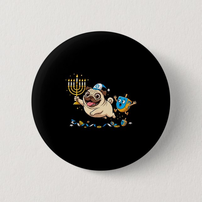 Funny Pug Dreidel Menorah Hanukkah Kids Womens Men Button (Front)