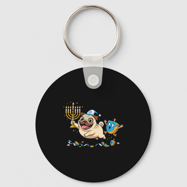 Funny Pug Dreidel Menorah Hanukkah Kids Womens Men Keychain (Front)