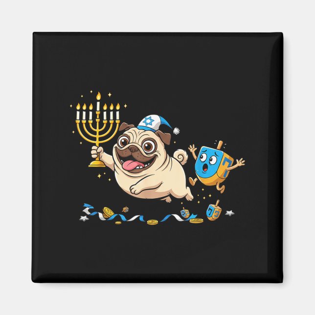 Funny Pug Dreidel Menorah Hanukkah Kids Womens Men Magnet (Front)