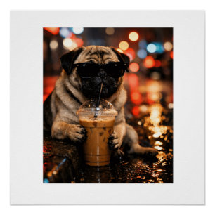 Funny Pug Drinking Iced Coffee Cute Dog Lover Gift Poster