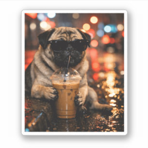 Funny Pug Drinking Iced Coffee Cute Dog Lover Gift Sticker