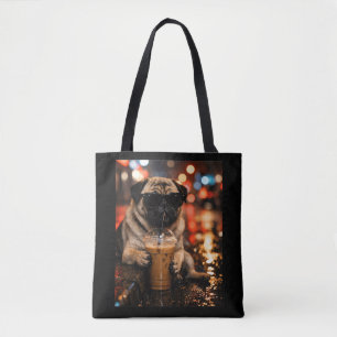 Funny Pug Drinking Iced Coffee Cute Dog Lover Gift Tote Bag