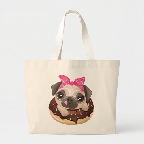 Funny Pug Gift Cute Puppy Dog Chocolate Donut Large Tote Bag