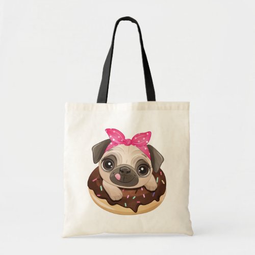 Funny Pug Gift Cute Puppy Dog Chocolate Donut Tote Bag