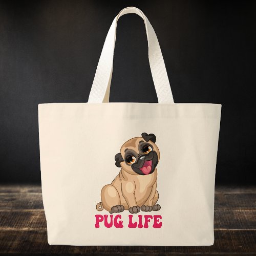 Funny Pug Life Cartoon Puppy Dog Lover Cute Pugs Large Tote Bag