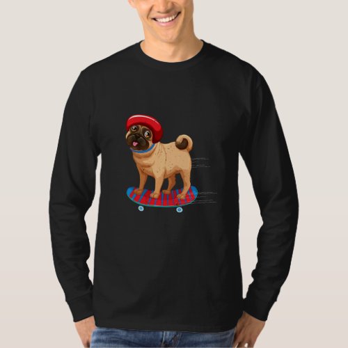 Funny Pug On Skateboard In Beanie Hat Dog T_Shirt