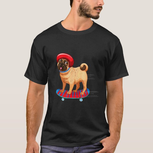Funny Pug On Skateboard In Beanie Hat Dog T-Shirt (Front)