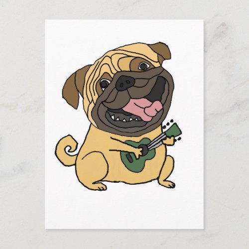 Funny Pug Playing Ukulele Cartoon Postcard