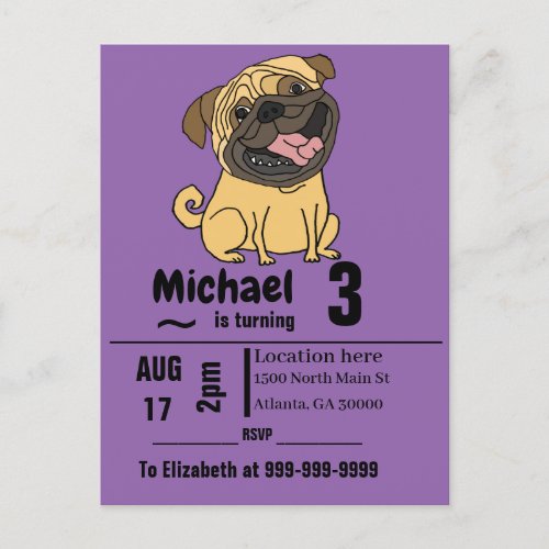 Funny Pug Puppy Dog Birthday Party Invitation Postcard