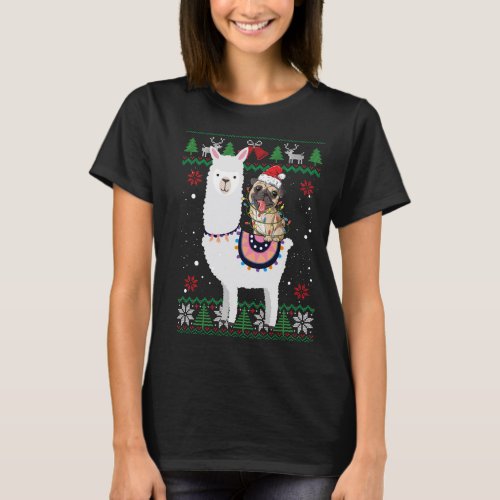 Funny Pug Riding Llama Christmas Gifts Pug Xmas ug T_Shirt