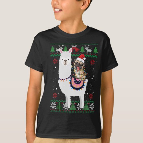 Funny Pug Riding Llama Christmas Gifts Pug Xmas ug T_Shirt