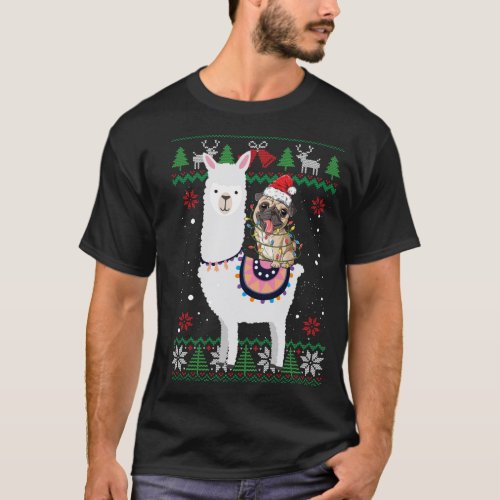 Funny Pug Riding Llama Christmas Gifts Pug Xmas ug T_Shirt