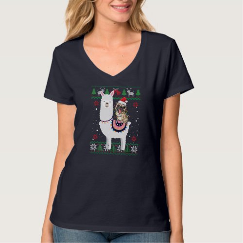 Funny Pug Riding Llama Christmas Gifts Pug Xmas ug T_Shirt