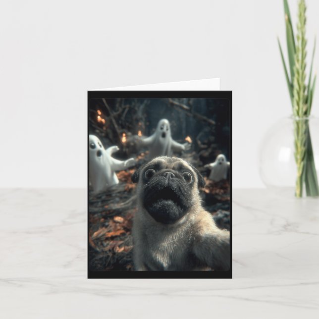 Funny Pug Selfie With Ghosts Haunted Forest Card (Front)