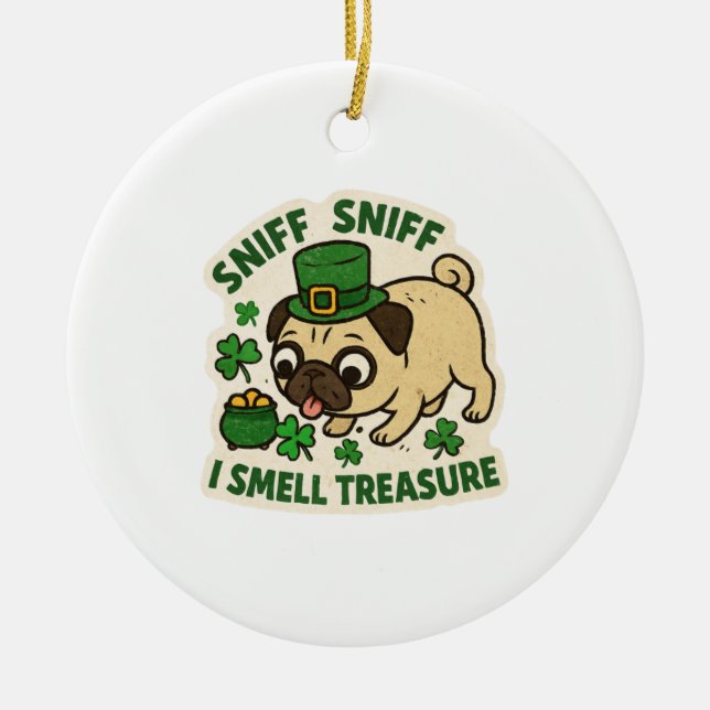 Funny Pug Treasure Hunting St. Patrick’s Day Ceramic Ornament (Front)