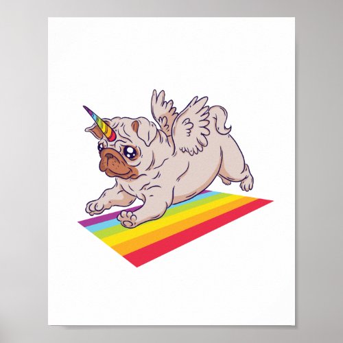 Funny PUG wanna Be A Unicorn Cute Rainbow Dog Poster