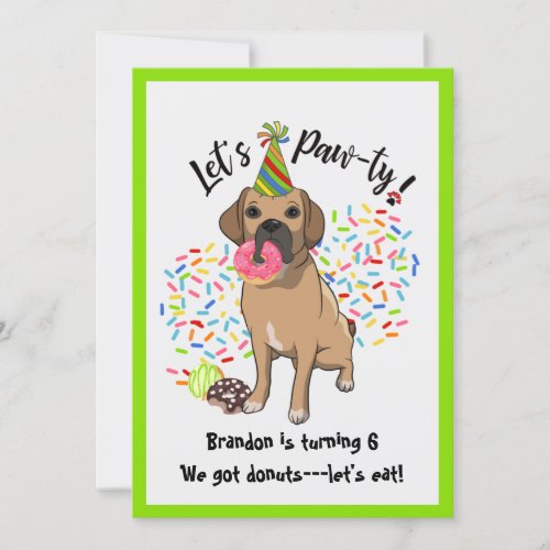 Funny Puggle Dog Donuts Birthday Party Invitation