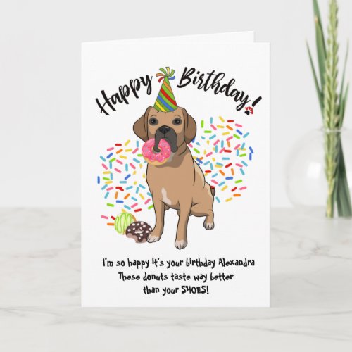 Funny Puggle Pet Dog  Birthday Card Donuts