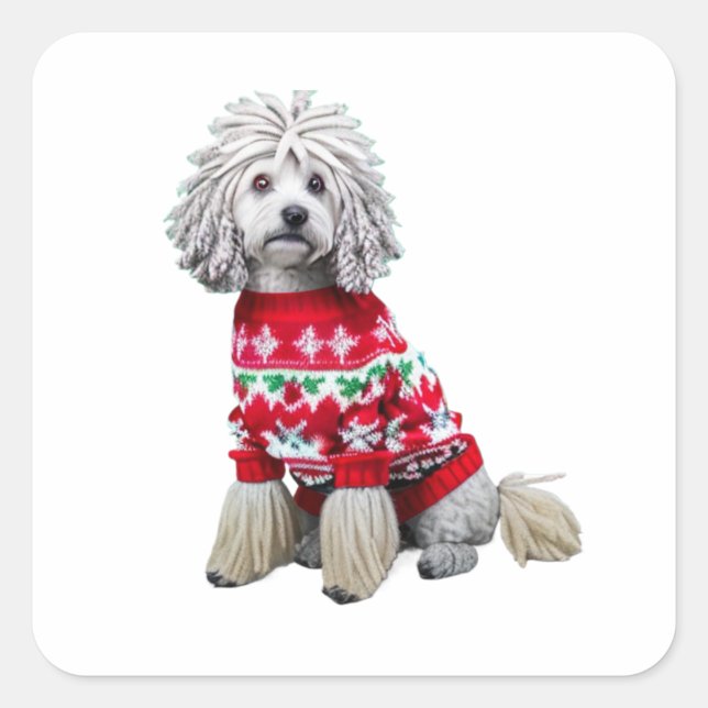 Funny Puli in Christmas Sweater Square Sticker (Front)