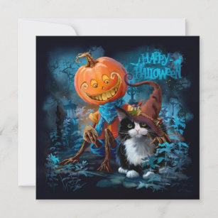 Funny pumpkin and cat in a magic hat invitation
