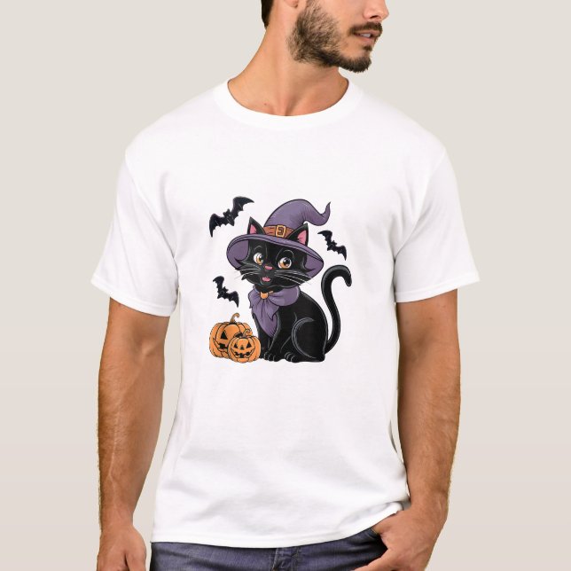Funny Pumpkin Bat Witch Costume Black Cat Hallowee T-Shirt (Front)