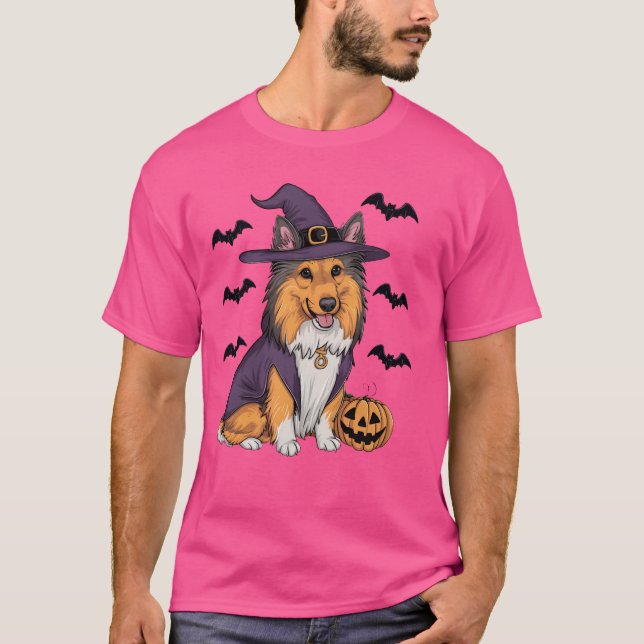 Funny Pumpkin Bat Witch Costume Sheltie Dog Hallow T-Shirt (Front)