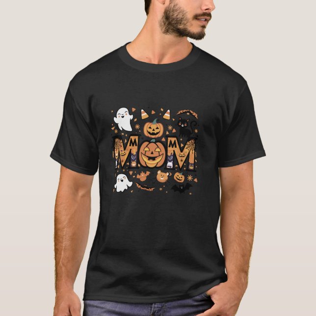 Funny Pumpkin Black Cat Mama Mommy Halloween Mothe T-Shirt (Front)