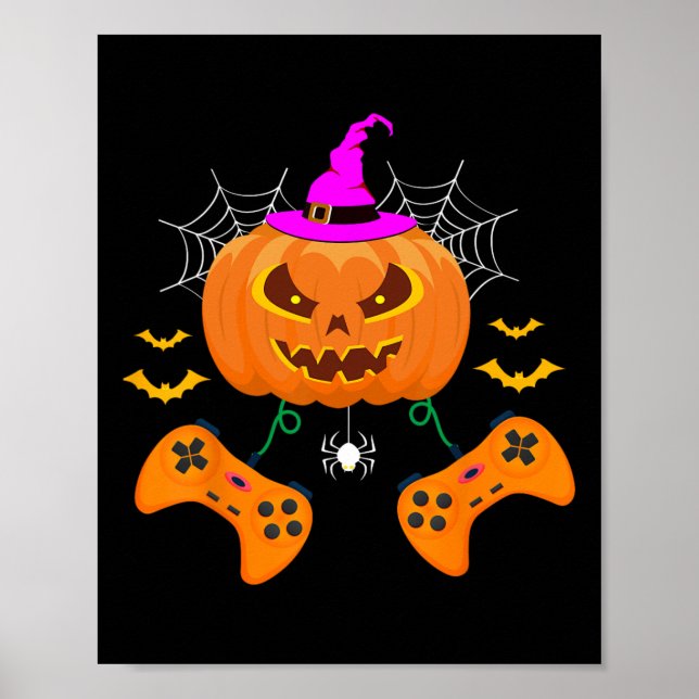Funny Pumpkin Jack O Lantern Video Gamer  Poster (Front)
