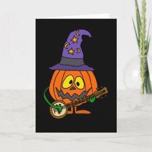 Funny Pumpkin Man Playing Banjo Cartoon Card