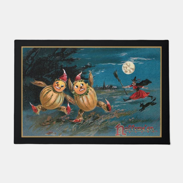 Funny Pumpkin People Chased by Halloween Witch Doormat (Front)