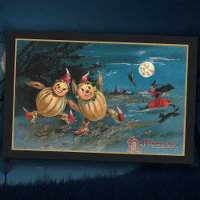 Funny Pumpkin People Running from Halloween Witch
