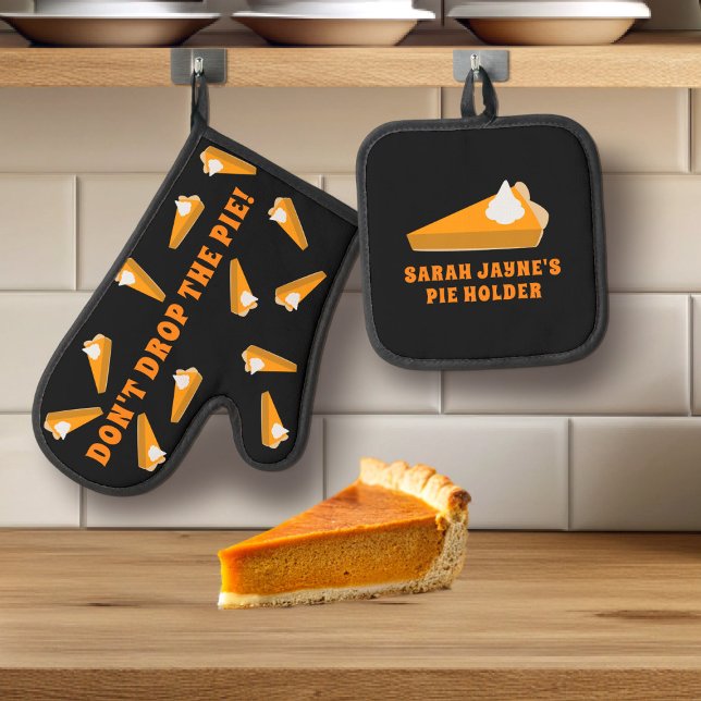 Funny Pumpkin Pie Oven Mitt & Pot Holder Set (Drop drop the pie! Just add your name to this fun pumpkin pie oven mitt set)