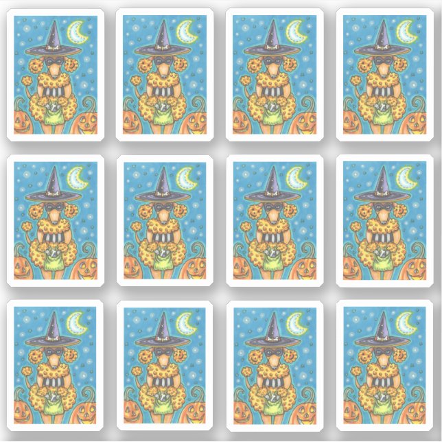 FUNNY PUMPKIN POODLE IN HALLOWEEN WITCH COSTUME STICKER (Front)