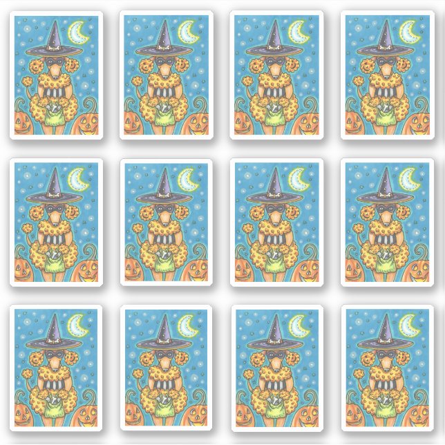 FUNNY PUMPKIN POODLE IN HALLOWEEN WITCH COSTUME STICKER (Front)
