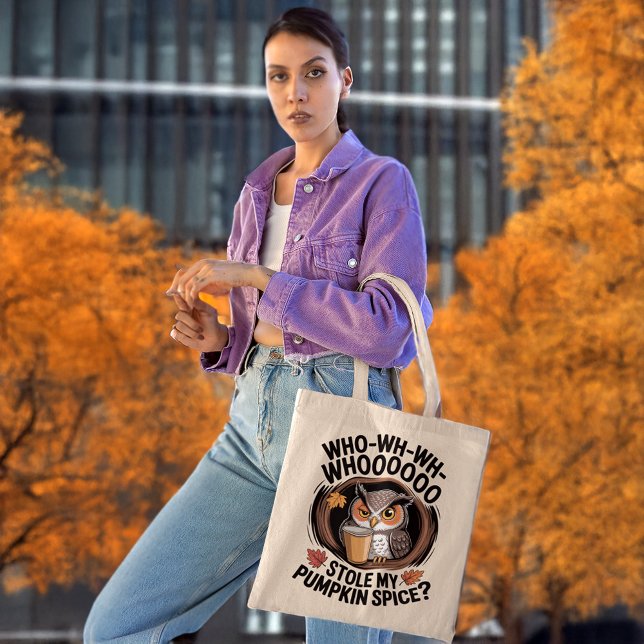 Funny Pumpkin Spice Owl Fall Coffee Humor Tote Bag (woman carrying a funny autumn pumpkin spice season owl tote bag in urban setting)