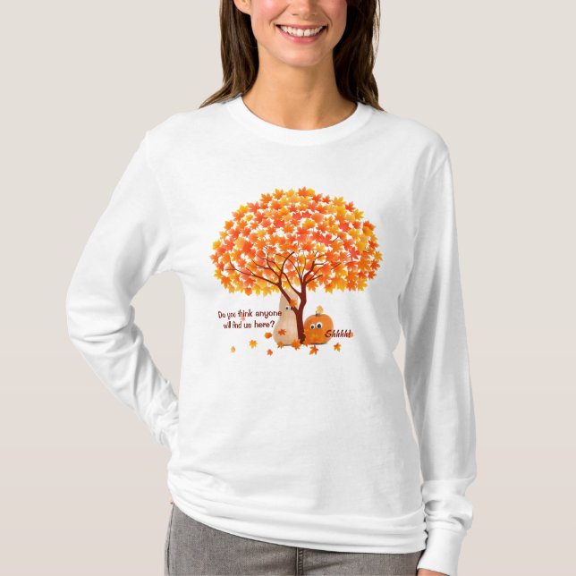 Funny Pumpkin & Squash Hiding Behind Maple Tree T-Shirt (Front)