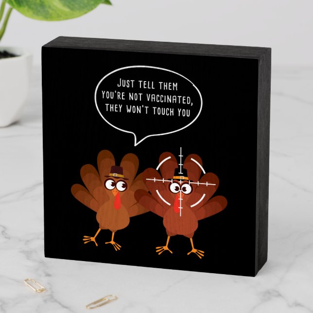 Funny Pumpkin Turkey Conversation Thanksgiving  Wooden Box Sign (In Situ Horizontal)