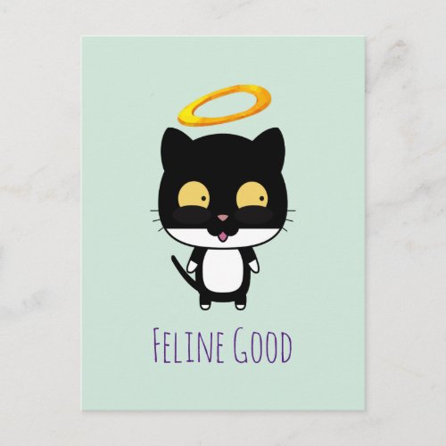 Funny Pun Black Cat With A Golden Halo Cartoon Postcard