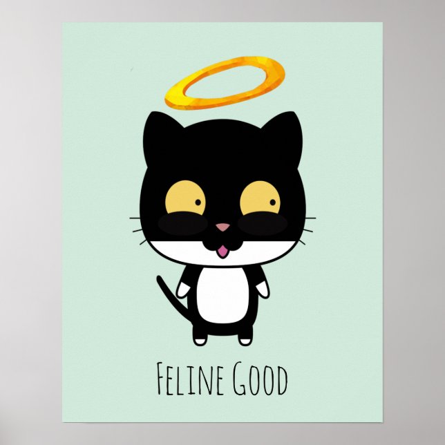 Funny Pun Black Cat With A Golden Halo Cartoon Poster (Front)