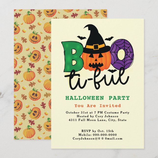 Funny Pun Boo ti ful Beautiful Halloween Party Invitation (Front/Back)
