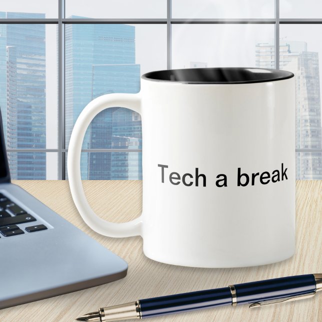 Funny Pun Tech Humor Computer Software Monogrammed Two-Tone Coffee Mug (A stylish coffee mug with 'Tech a break' message and monogram initial. An ideal computer themed gift)