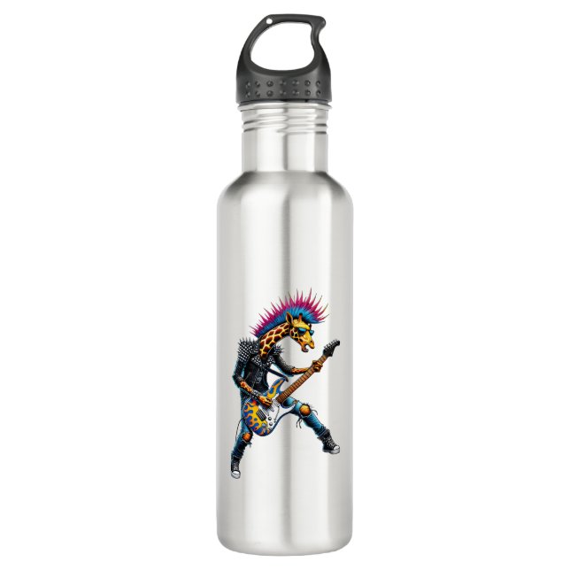 Funny Punk Giraffe, Rock'n Roll Goth Giraffe, Guit Stainless Steel Water Bottle (Front)