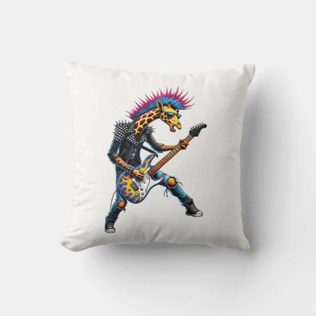 Funny Punk Giraffe, Rock'n Roll Goth Giraffe, Guit Throw Pillow (Front)