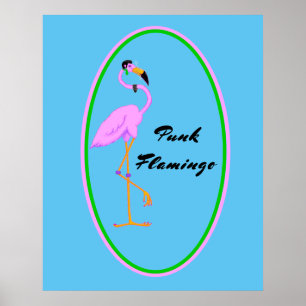 Funny Punk Pink Flamingo on Teal Poster