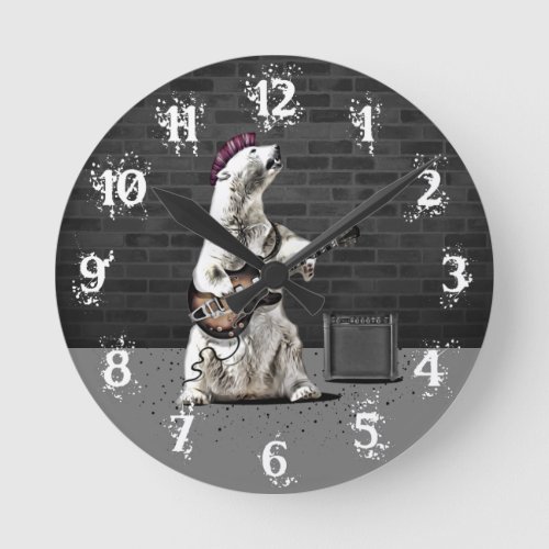 Funny Punk Rock Bear Playing Guitar Heavy Metal Ro Round Clock