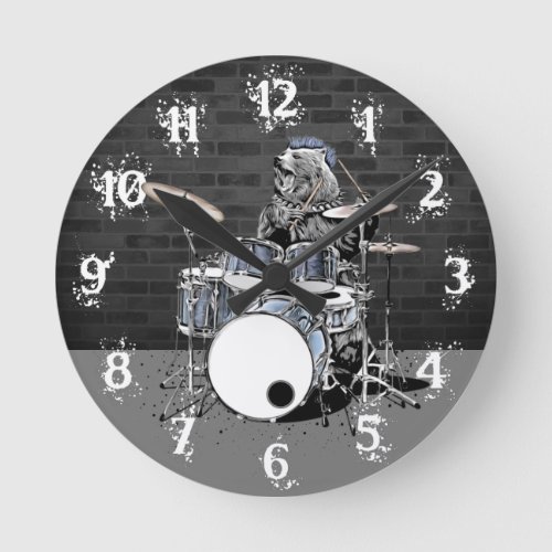 Funny Punk Rock Drummer Bear Playing Drums Rocker  Round Clock