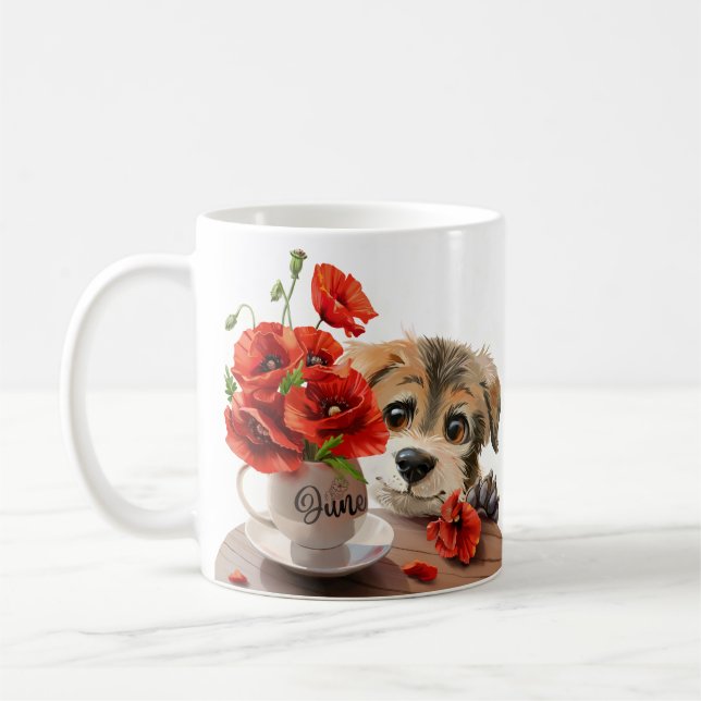 Funny puppy and poppy flowers coffee mug (Left)