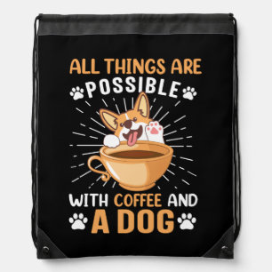 Funny Puppy Dog Cartoon Coffee Lover Corgi Drawstring Bag